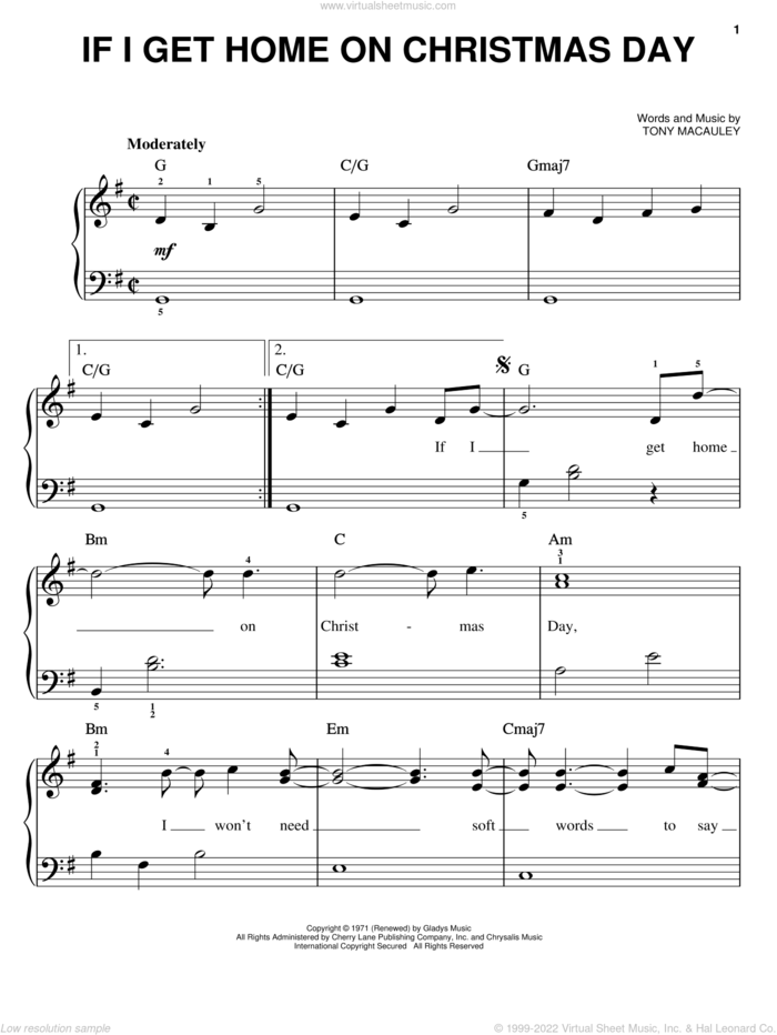 If I Get Home On Christmas Day sheet music for piano solo by Elvis Presley and Tony MacAuley, easy skill level