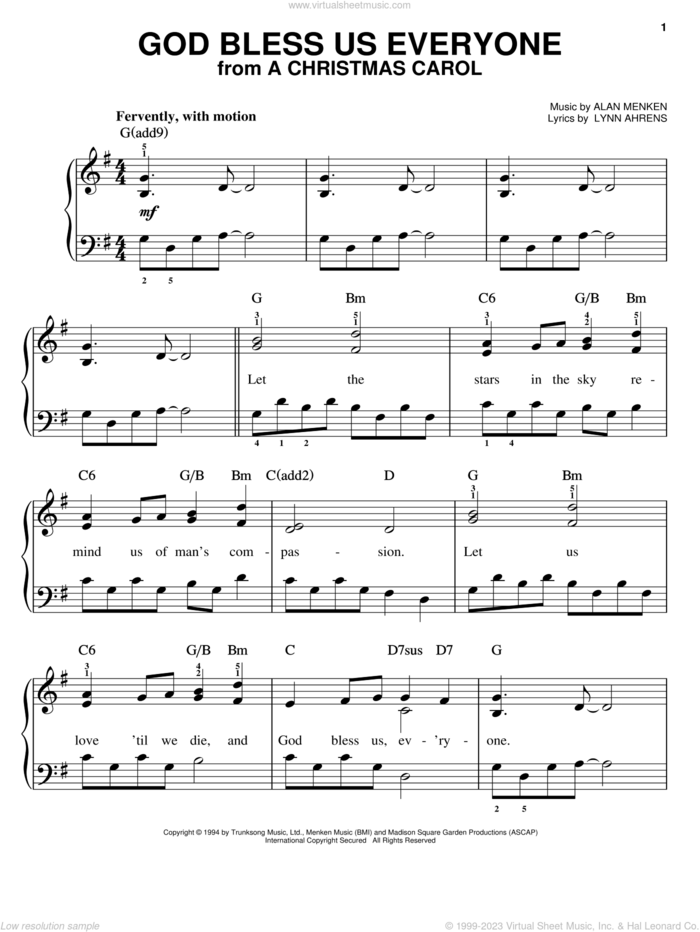 God Bless Us Everyone sheet music for piano solo by Lynn Ahrens and Alan Menken, easy skill level