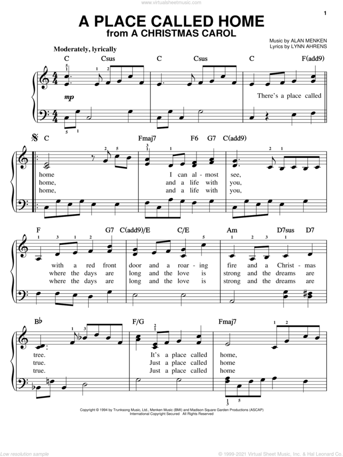 A Place Called Home sheet music for piano solo by Lynn Ahrens and Alan Menken, easy skill level