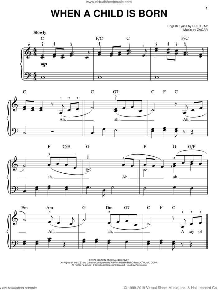When A Child Is Born sheet music for piano solo by Fred Jay and Zacar, easy skill level