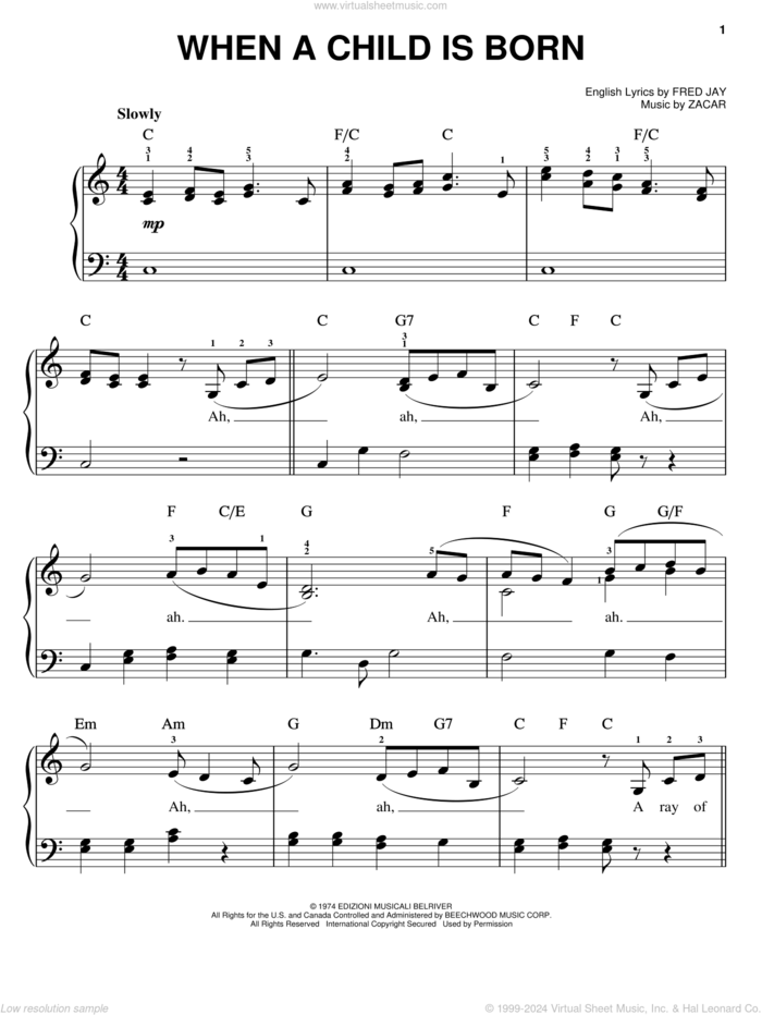 When A Child Is Born sheet music for piano solo by Fred Jay and Zacar, easy skill level