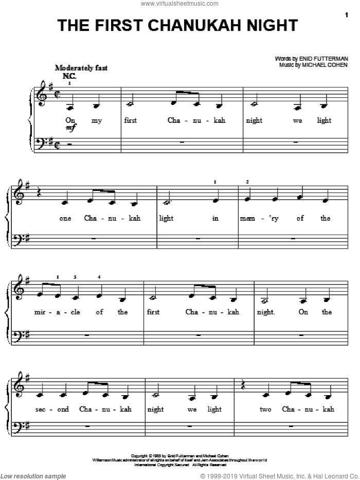 The First Chanukah Night sheet music for piano solo by Enid Futterman and Michael Cohen, easy skill level