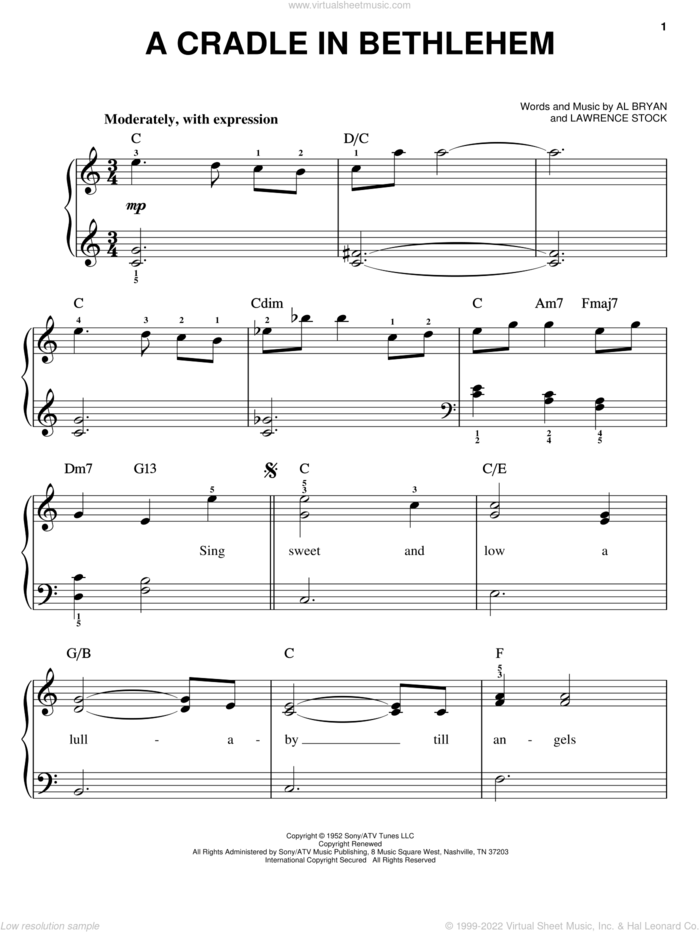 A Cradle In Bethlehem sheet music for piano solo by Alfred Bryan, Nat King Cole, Vince Gill and Lawrence Stock, easy skill level