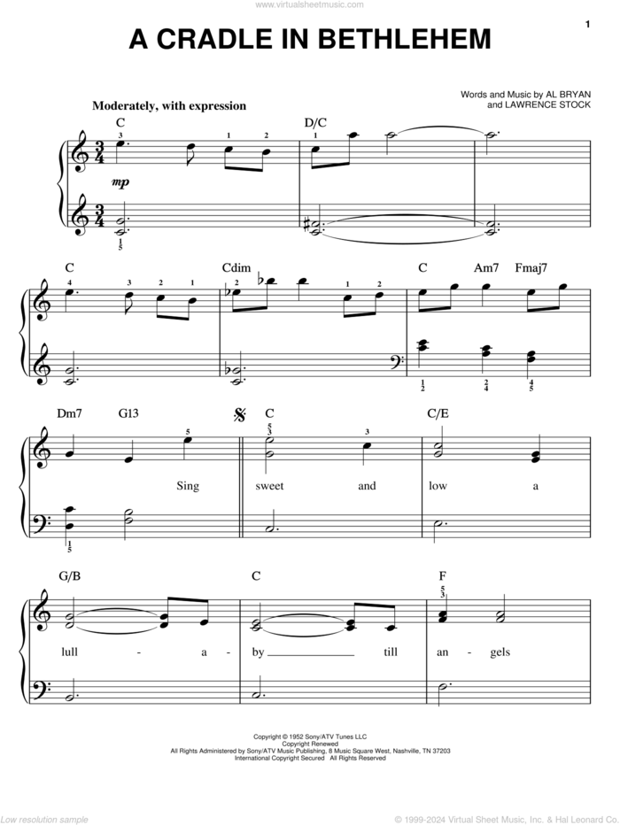 A Cradle In Bethlehem sheet music for piano solo by Alfred Bryan, Nat King Cole, Vince Gill and Lawrence Stock, easy skill level