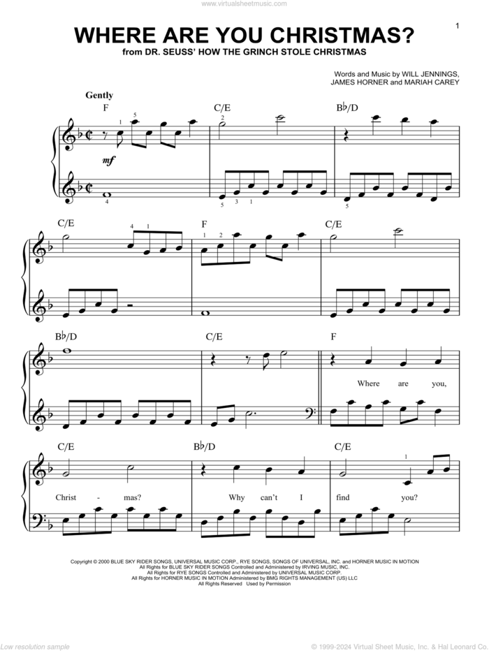 Where Are You Christmas? (from How The Grinch Stole Christmas), (easy) sheet music for piano solo by Faith Hill, James Horner, Mariah Carey and Will Jennings, easy skill level