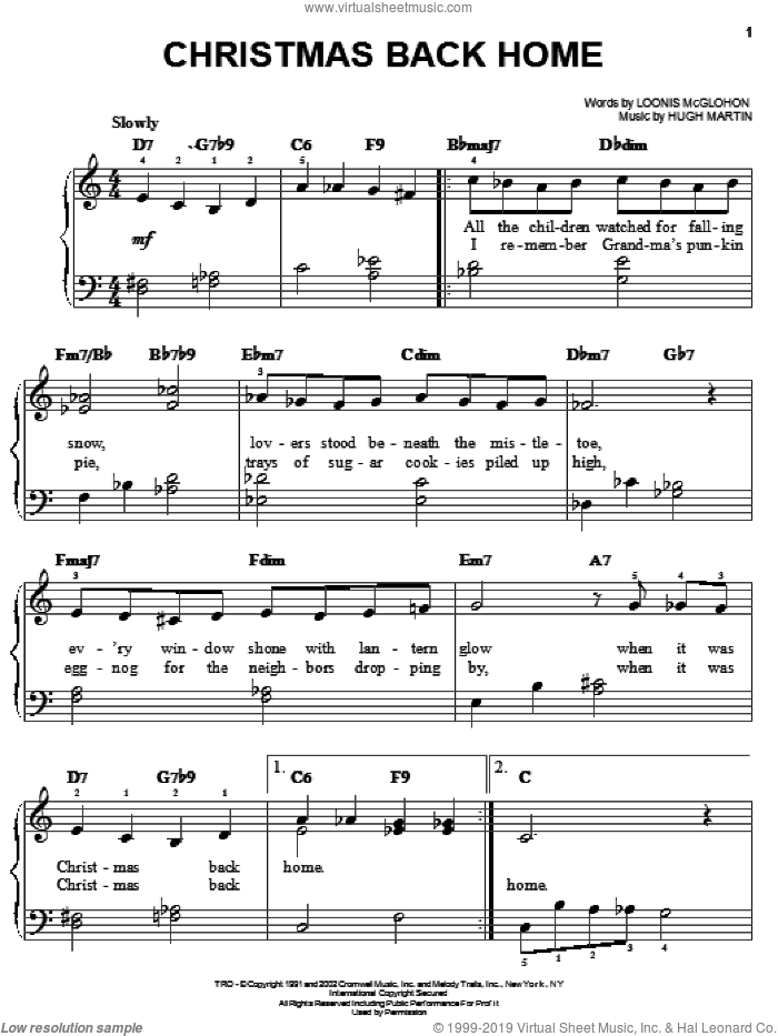 Christmas Back Home sheet music for piano solo by Loonis McGlohon and Hugh Martin, easy skill level