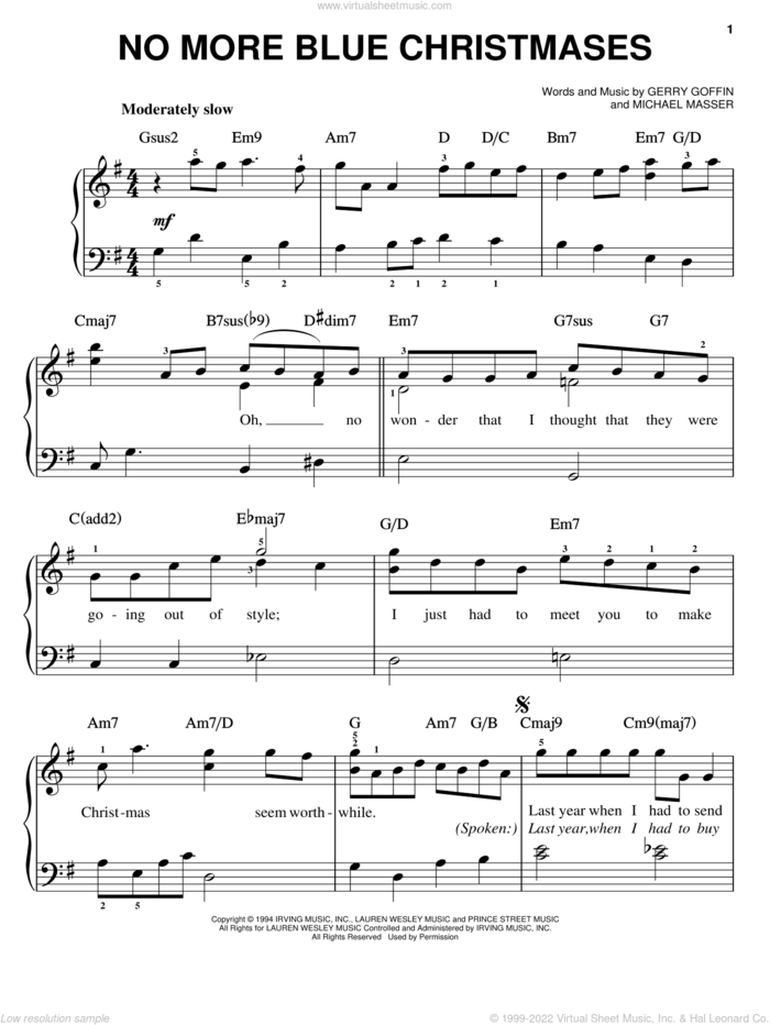 No More Blue Christmases sheet music for piano solo by Gerry Goffin and Michael Masser, easy skill level