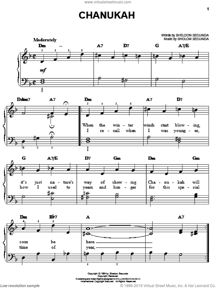 Chanukah sheet music for piano solo by Sheldon Secunda and Sholom Secunda, easy skill level