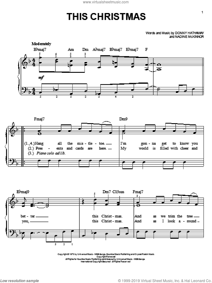 This Christmas, (easy) sheet music for piano solo by Donny Hathaway and Nadine McKinnor, easy skill level