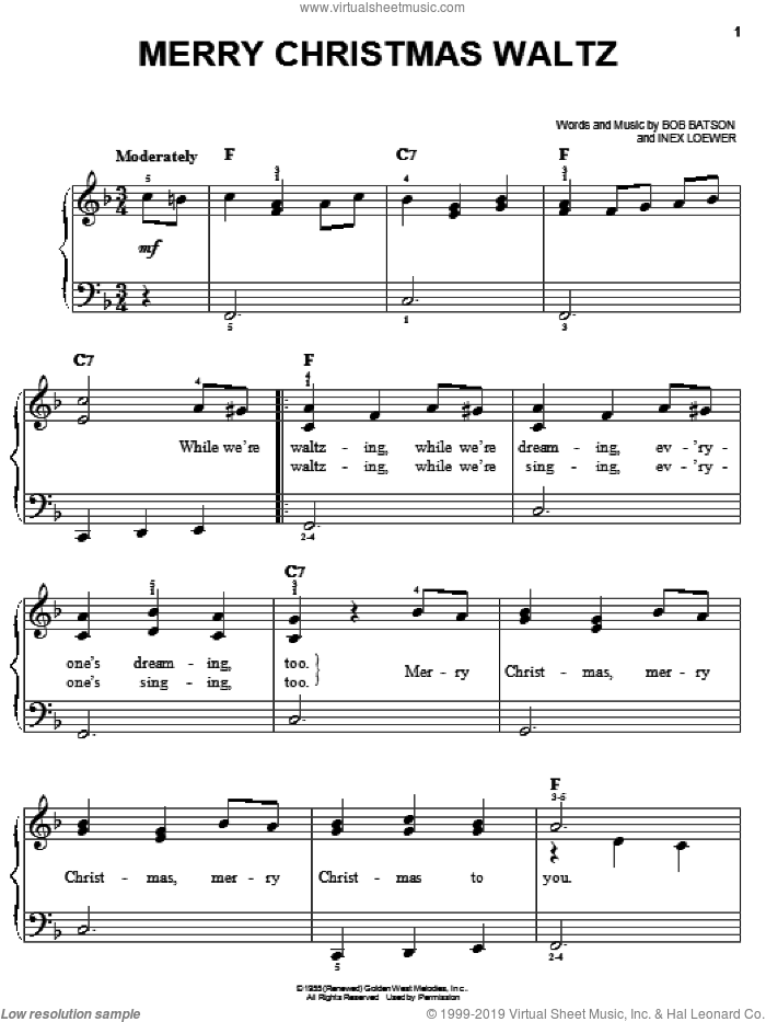 Merry Christmas Waltz sheet music for piano solo by Bob Batson and Inex Loewer, easy skill level
