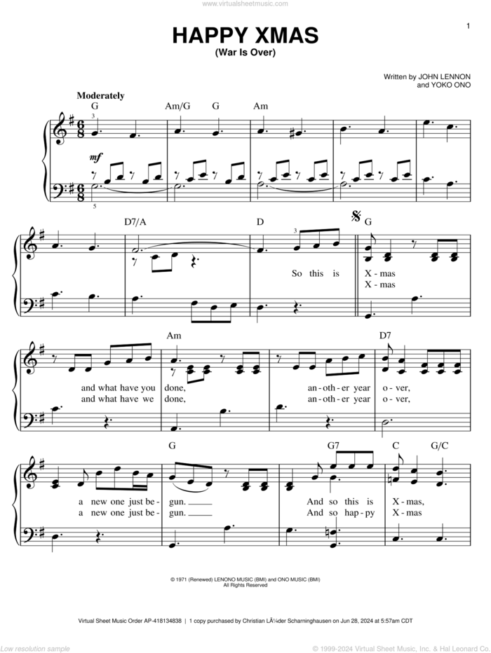 Happy Xmas (War Is Over), (easy) sheet music for piano solo by John Lennon, Plastic Ono Band and Yoko Ono, easy skill level