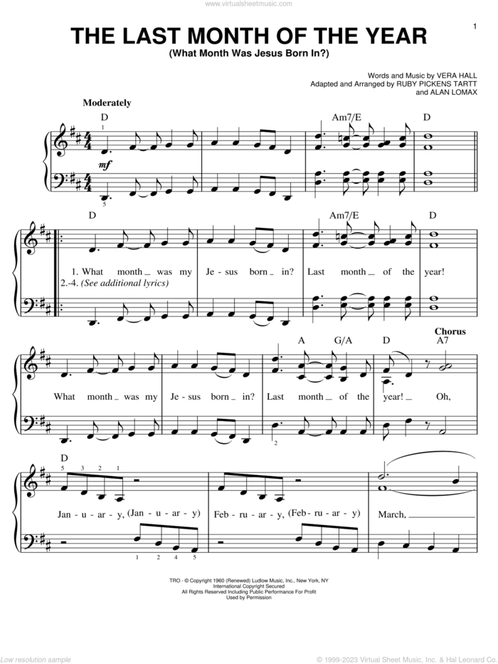 The Last Month Of The Year (What Month Was Jesus Born In?) sheet music for piano solo by Vera Hall, John A. Lomax and Ruby Pickens Tartt, easy skill level