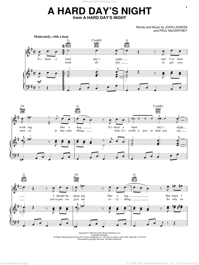 A Hard Day's Night sheet music for voice, piano or guitar by The Beatles, Billy Joel, John Lennon and Paul McCartney, intermediate skill level