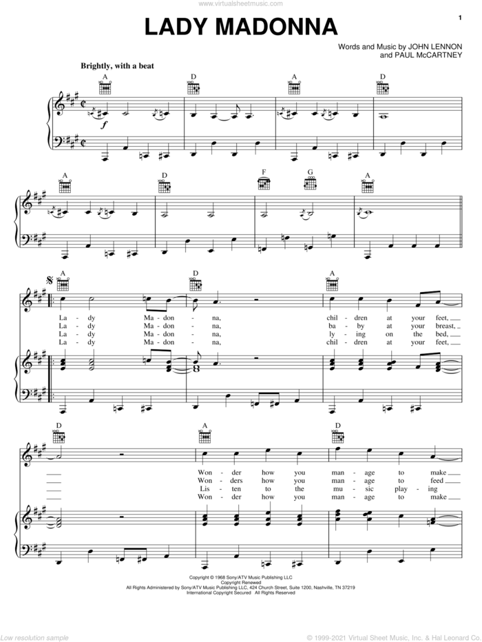 Lady Madonna sheet music for voice, piano or guitar by The Beatles, John Lennon and Paul McCartney, intermediate skill level