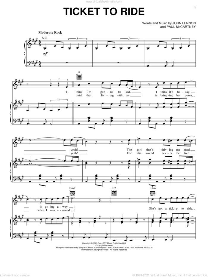 Ticket To Ride sheet music for voice, piano or guitar by The Beatles, John Lennon and Paul McCartney, intermediate skill level
