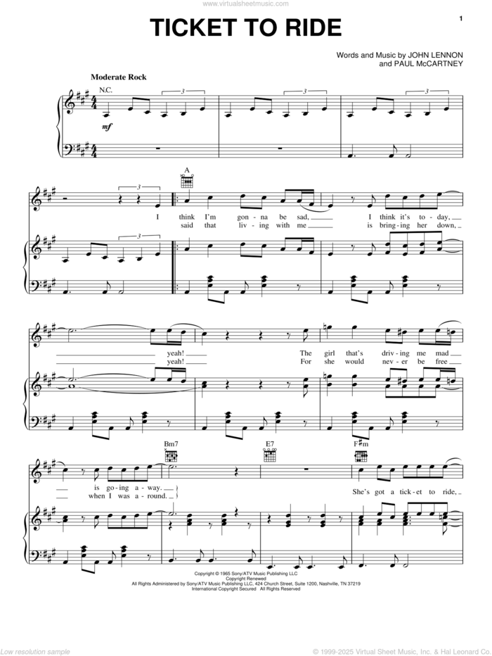 Ticket To Ride sheet music for voice, piano or guitar by The Beatles, John Lennon and Paul McCartney, intermediate skill level