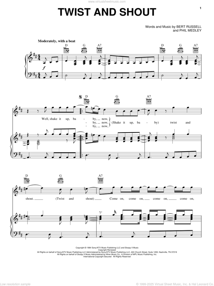 Twist And Shout sheet music for voice, piano or guitar by The Beatles, The Isley Brothers, Bert Russell and Phil Medley, intermediate skill level