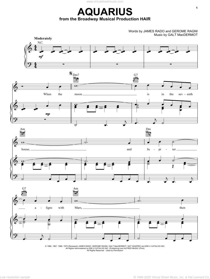 Aquarius sheet music for voice, piano or guitar by The Fifth Dimension, Hair (Musical), Galt MacDermot, Gerome Ragni and James Rado, intermediate skill level