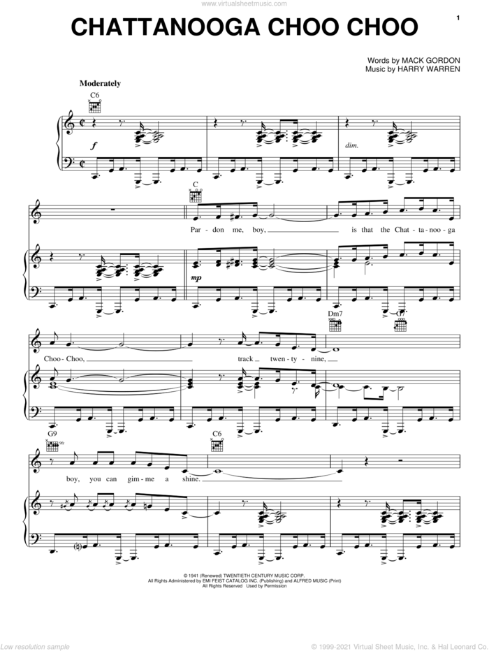 Chattanooga Choo Choo sheet music for voice, piano or guitar by Glenn Miller, Floyd Cramer, Tuxedo Junction, Harry Warren and Mack Gordon, intermediate skill level