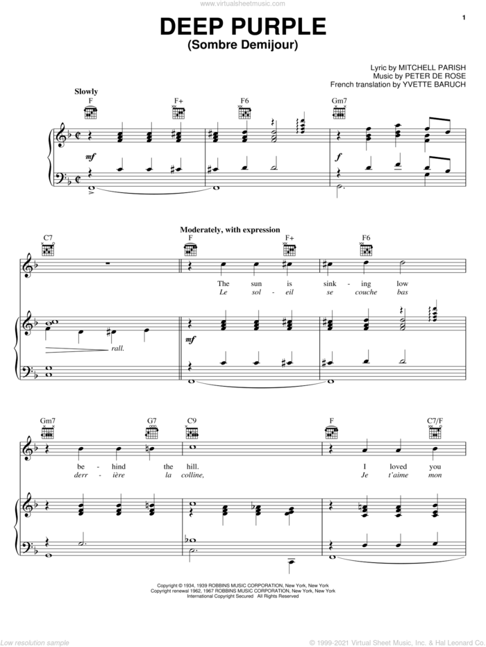 Deep Purple sheet music for voice, piano or guitar by Nino Tempo, April Stevens, Dean Martin, Mitchell Parish and Peter DeRose, intermediate skill level