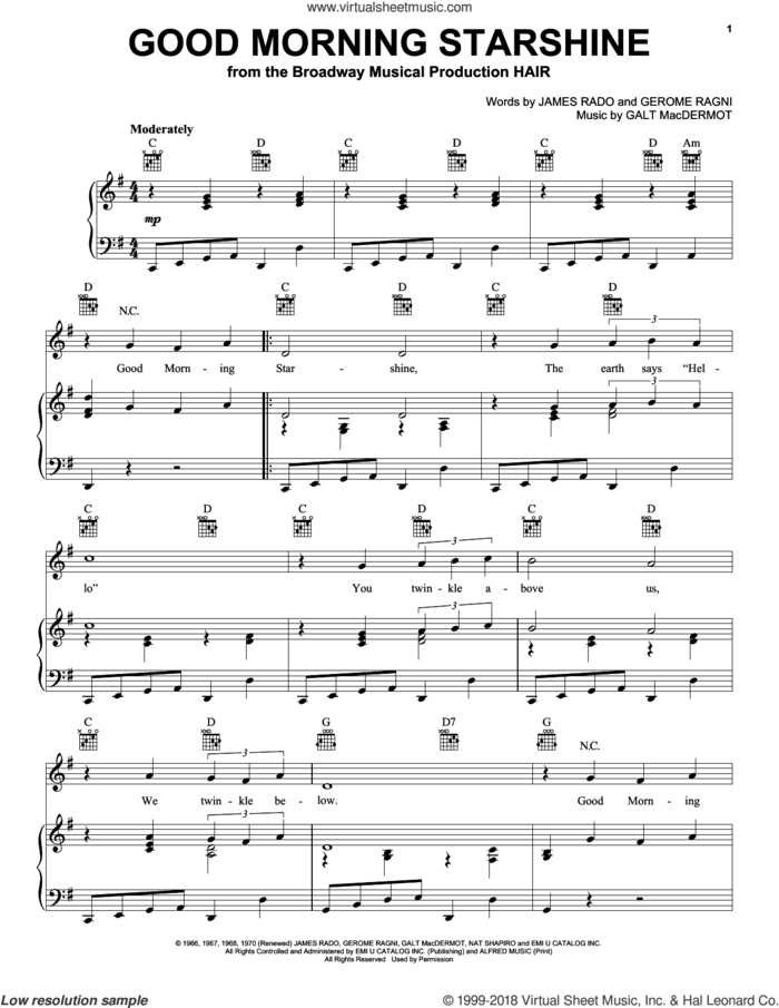 Good Morning Starshine sheet music for voice, piano or guitar by James Rado, Hair (Musical), Galt MacDermot and Gerome Ragni, intermediate skill level