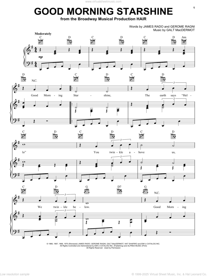 Good Morning Starshine sheet music for voice, piano or guitar by James Rado, Hair (Musical), Galt MacDermot and Gerome Ragni, intermediate skill level