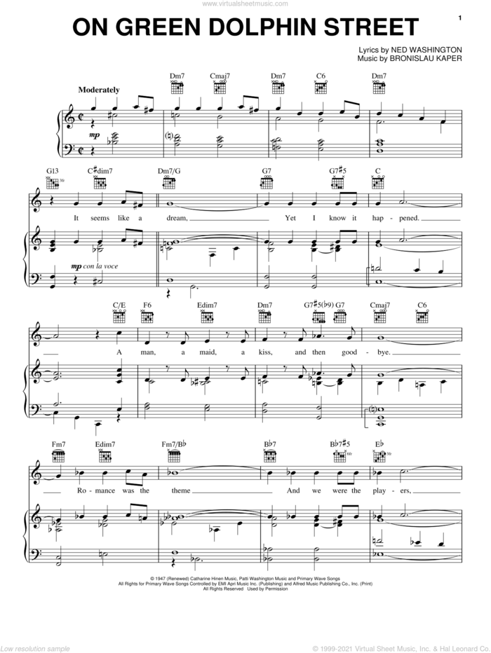 On Green Dolphin Street sheet music for voice, piano or guitar by Sarah Vaughan, Bill Evans, Miles Davis, Bronislau Kaper and Ned Washington, intermediate skill level