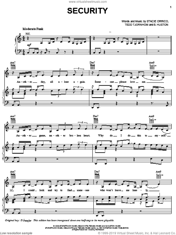 Security sheet music for voice, piano or guitar by Stacie Orrico, B. Huston and Tedd Tjornhom, intermediate skill level