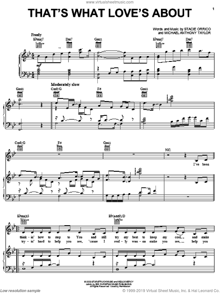 That's What Love's About sheet music for voice, piano or guitar by Stacie Orrico and Michael Anthony Taylor, intermediate skill level