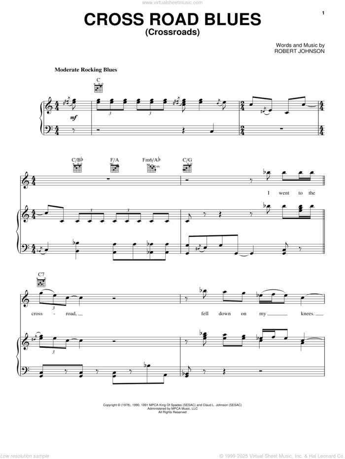 Cross Road Blues (Crossroads) sheet music for voice, piano or guitar by Robert Johnson, Cream and Eric Clapton, intermediate skill level