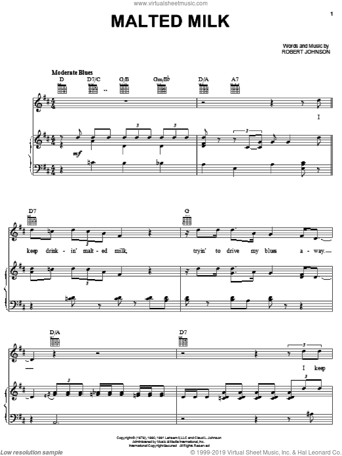 Malted Milk sheet music for voice, piano or guitar by Robert Johnson and Eric Clapton, intermediate skill level