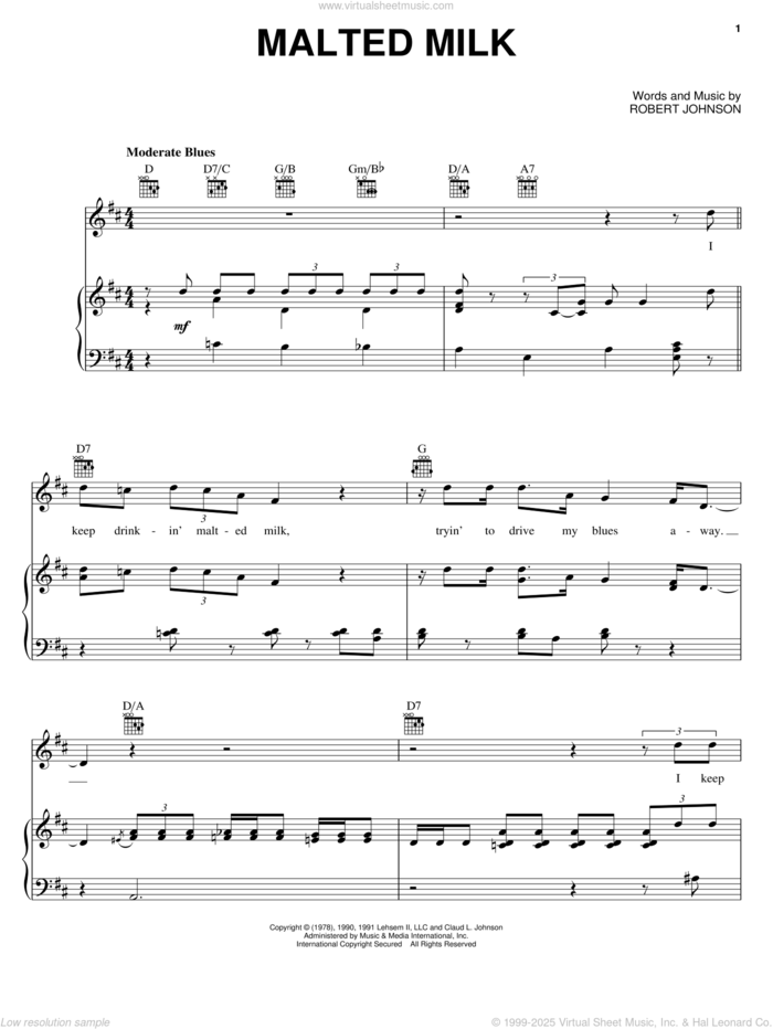 Malted Milk sheet music for voice, piano or guitar by Robert Johnson and Eric Clapton, intermediate skill level