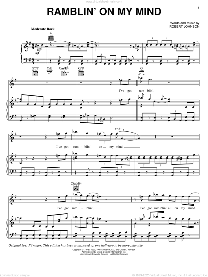 Ramblin' On My Mind sheet music for voice, piano or guitar by Robert Johnson and Eric Clapton, intermediate skill level