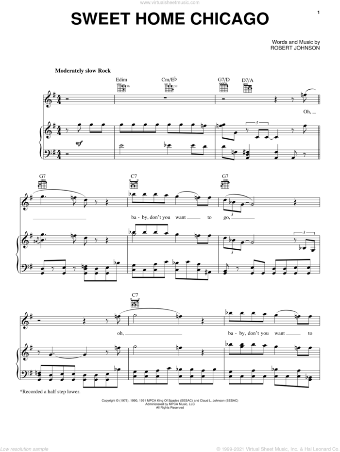 Sweet Home Chicago sheet music for voice, piano or guitar by Robert Johnson and Blues Brothers, intermediate skill level
