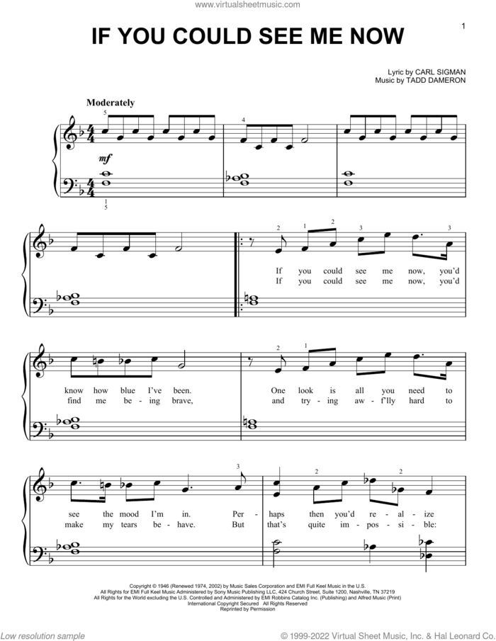 If You Could See Me Now, (beginner) sheet music for piano solo by Carl Sigman and Tadd Dameron, beginner skill level