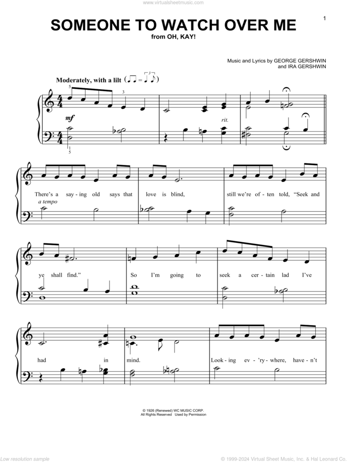 Someone To Watch Over Me sheet music for piano solo by George Gershwin & Ira Gershwin, George Gershwin and Ira Gershwin, beginner skill level