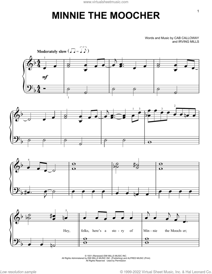 Minnie The Moocher sheet music for piano solo by Irving Mills, Big Bad Voodoo Daddy and Cab Calloway, beginner skill level