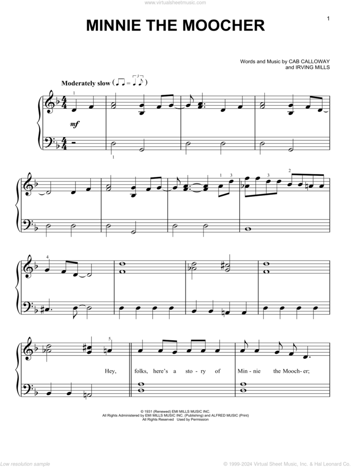 Minnie The Moocher sheet music for piano solo by Irving Mills, Big Bad Voodoo Daddy and Cab Calloway, beginner skill level