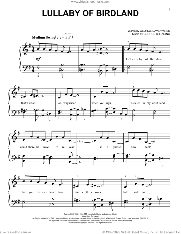 Lullaby Of Birdland, (beginner) sheet music for piano solo by George Shearing and George David Weiss, beginner skill level