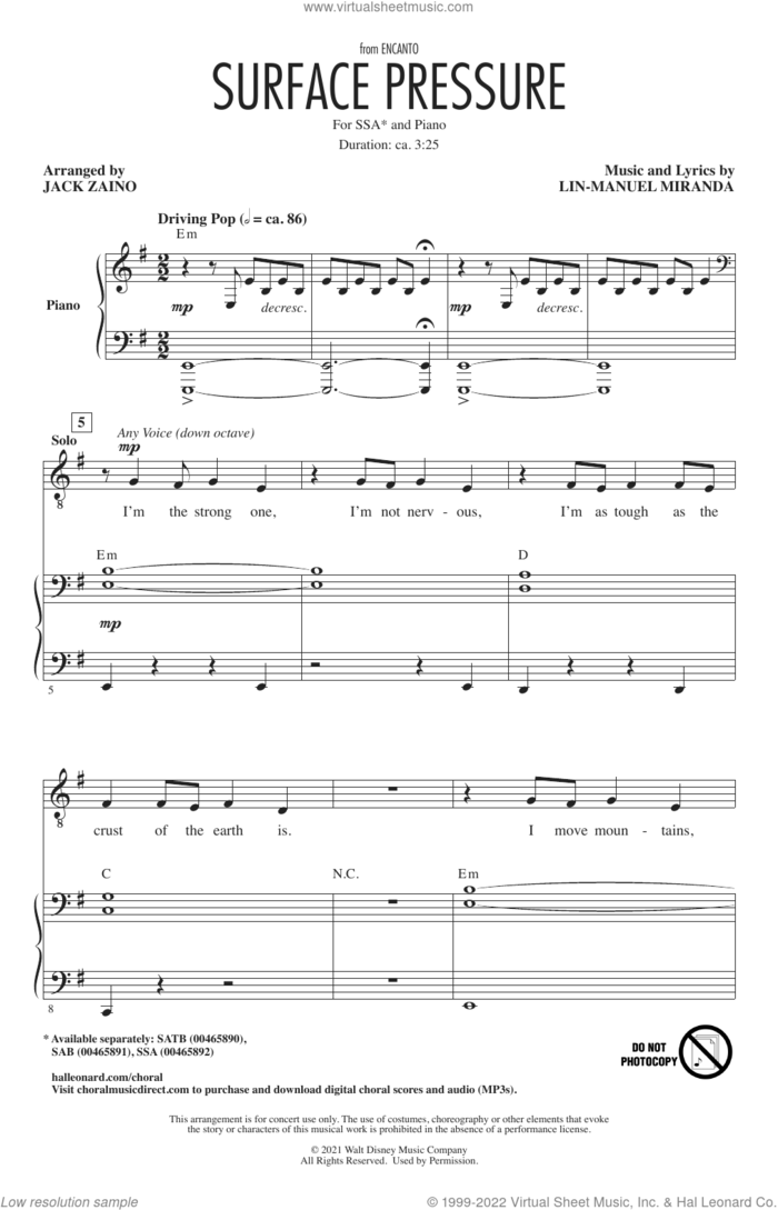 Surface Pressure (from Encanto) (arr. Jack Zaino) sheet music for choir (SSA: soprano, alto) by Lin-Manuel Miranda and Jack Zaino, intermediate skill level