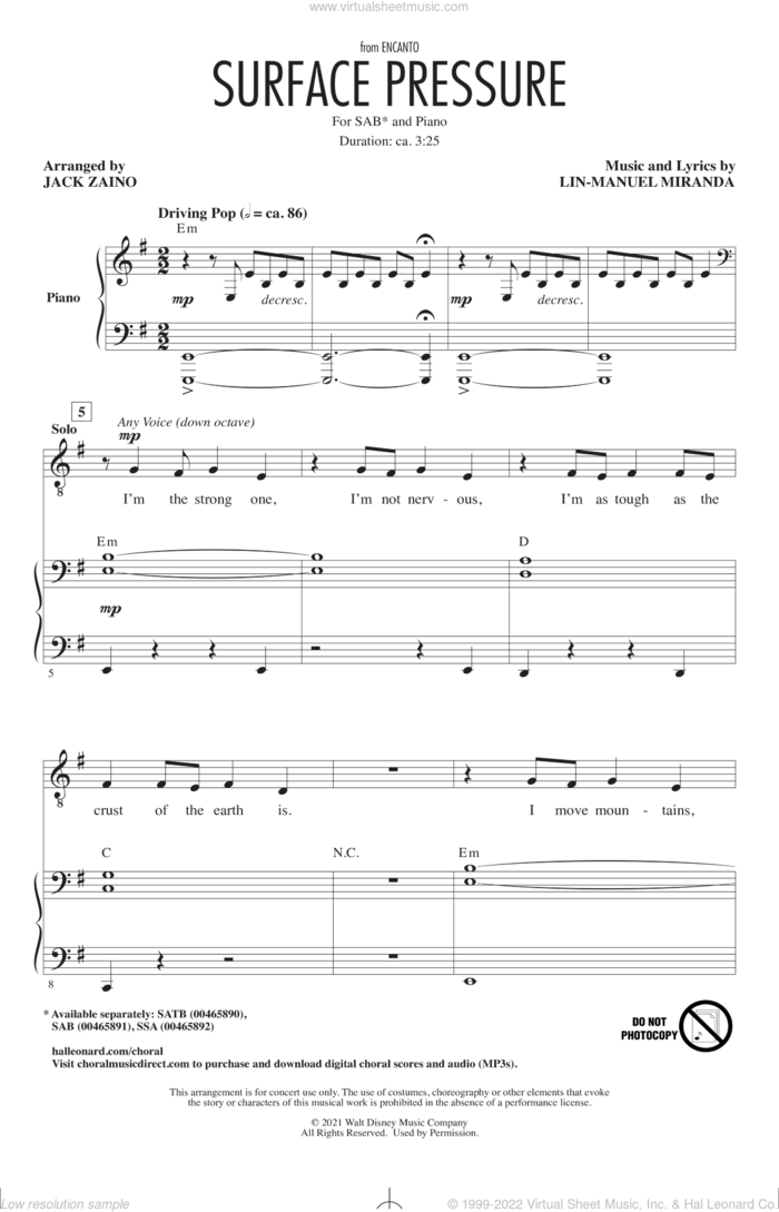 Surface Pressure (from Encanto) (arr. Jack Zaino) sheet music for choir (SAB: soprano, alto, bass) by Lin-Manuel Miranda and Jack Zaino, intermediate skill level