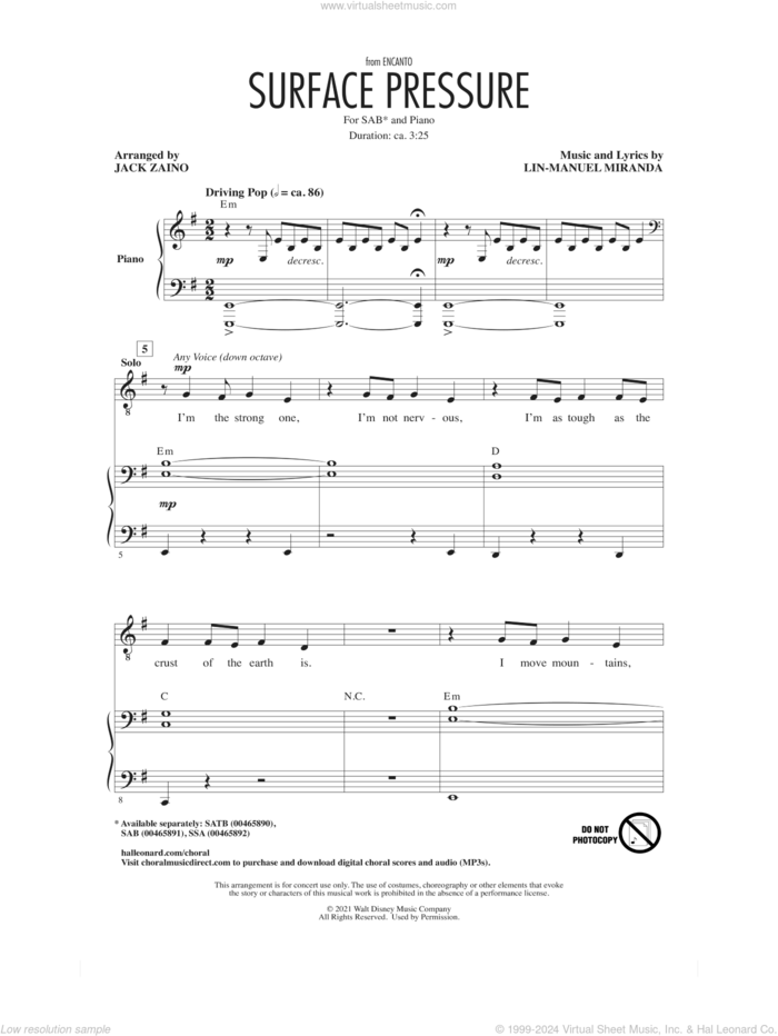 Surface Pressure (from Encanto) (arr. Jack Zaino) sheet music for choir (SAB: soprano, alto, bass) by Lin-Manuel Miranda and Jack Zaino, intermediate skill level