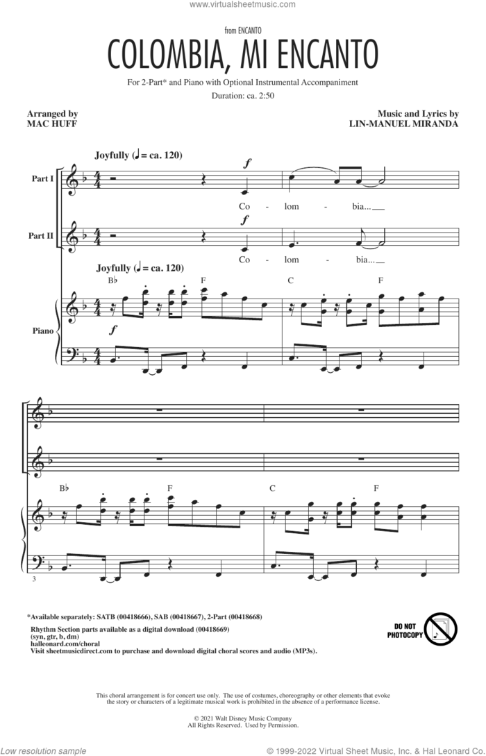 Colombia, Mi Encanto (from Encanto) (arr. Mac Huff) sheet music for choir (2-Part) by Lin-Manuel Miranda and Mac Huff, intermediate duet