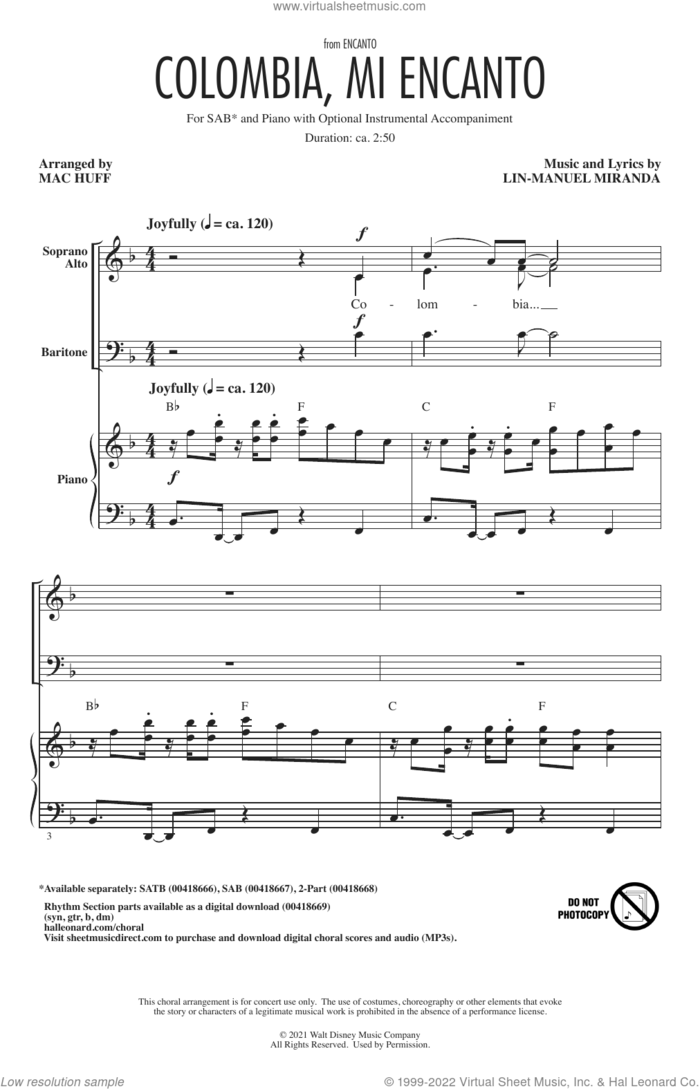 Colombia, Mi Encanto (from Encanto) (arr. Mac Huff) sheet music for choir (SAB: soprano, alto, bass) by Lin-Manuel Miranda and Mac Huff, intermediate skill level