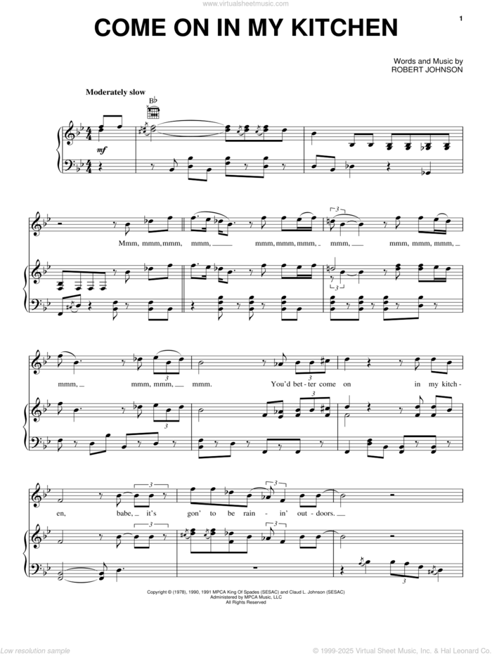 Come On In My Kitchen sheet music for voice, piano or guitar by Robert Johnson, intermediate skill level