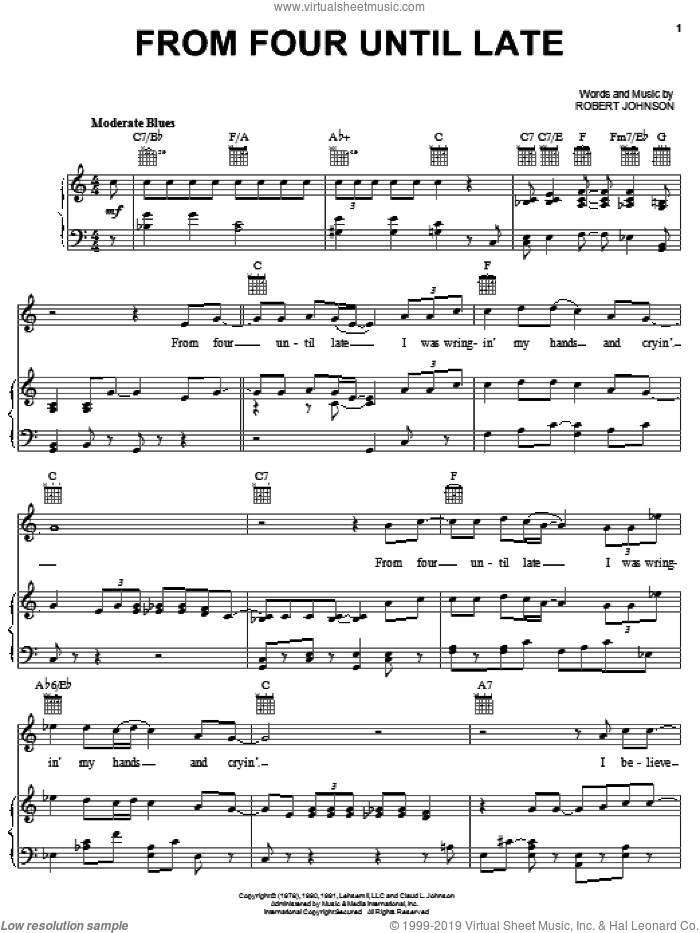 From Four Until Late sheet music for voice, piano or guitar by Robert Johnson, intermediate skill level