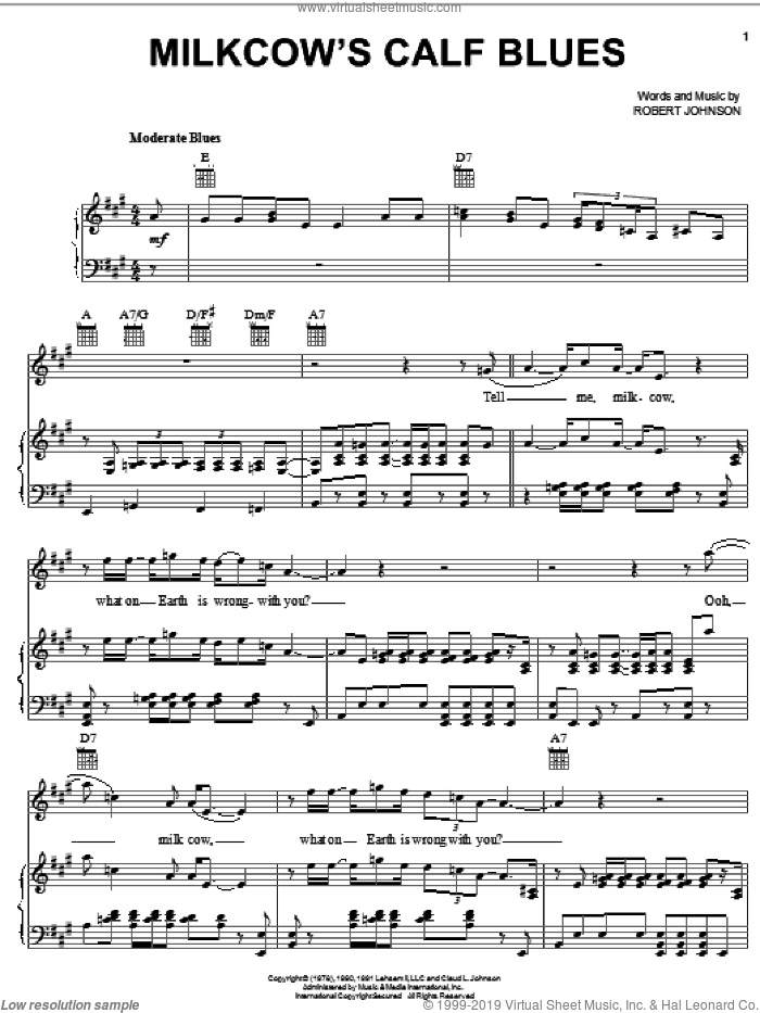 Milkcow's Calf Blues sheet music for voice, piano or guitar by Robert Johnson, intermediate skill level