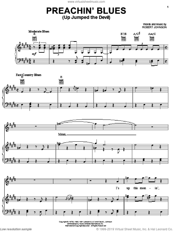 Preachin' Blues (Up Jumped The Devil) sheet music for voice, piano or guitar by Robert Johnson, intermediate skill level