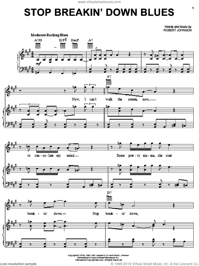 Stop Breakin' Down Blues sheet music for voice, piano or guitar by Robert Johnson, intermediate skill level