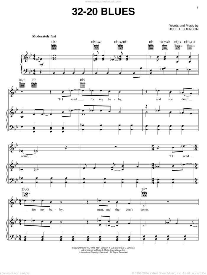 32-20 Blues sheet music for voice, piano or guitar by Robert Johnson, intermediate skill level